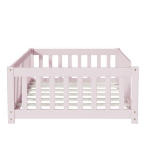 English Elm Twin Solid Rubberwood Floor Bed with Full Perimeter Safety Rails for Toddler Rooms Pink W504P296798