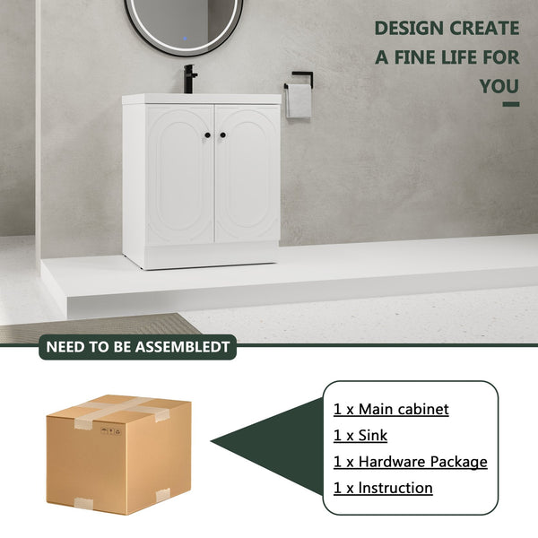 English Elm 30" Modern Freestanding Bathroom Vanity with Resin Sink, Soft-Close Doors, Adjustable Shelf, Durable Plywood Finish White W999S00271