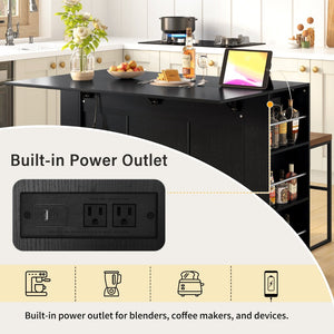 English Elm U_style Compact Kitchen Island with Drop Leaf Power Outlet Wine Rack Stemware Storage Black N711P437715B