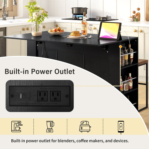 English Elm U_style Compact Kitchen Island with Drop Leaf Power Outlet Wine Rack Stemware Storage Black N711P437715B