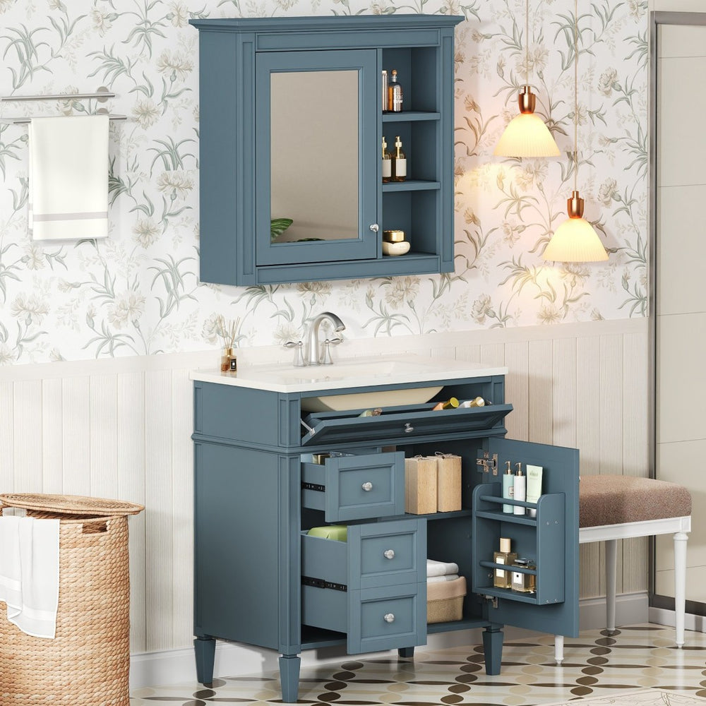 English Elm 30'' Freestanding Bathroom Vanity Set with Mirror Cabinet Ceramic Sink Soft Close SW000126AAM-1