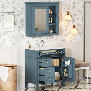 English Elm 30'' Freestanding Bathroom Vanity Set with Mirror Cabinet Ceramic Sink Soft Close SW000126AAM-1