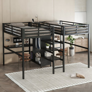 English Elm Twin Metal Loft Bed With Dual Desks, Wardrobe, Shelves & Power Outlet For Ultimate Space-Saving Design W1580S00114-GIGA