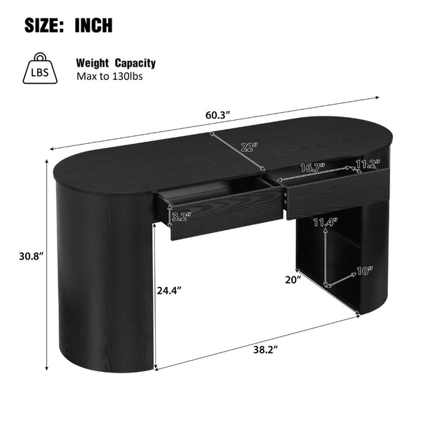 English Elm Storage Writing Desk with Curved Base Open Shelves and Drawers for Home Office Black N757P306285B