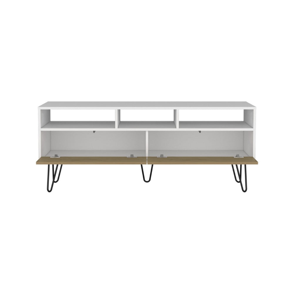 English Elm Tv Stand - Modern White Design With 3 Open Shelves, 2 Drop-Down Doors & 5 Sleek Metal Legs B097P296856-GIGA