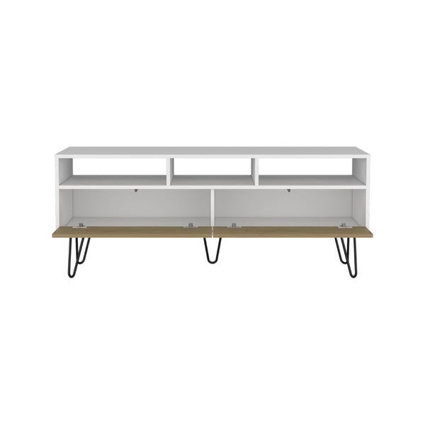 English Elm Tv Stand - Modern White Design With 3 Open Shelves, 2 Drop-Down Doors & 5 Sleek Metal Legs B097P296856-GIGA