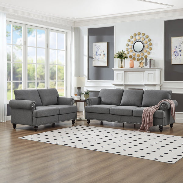 English Elm Modern Classic Living Room 2+3 Seater Sofa Set with Nailhead Trim, Removable Covers, Coil Springs, Hidden Storage Grey W1097S00174