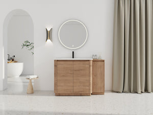 English Elm 48" Floating Bathroom Vanity Dual Ceramic Vessel Sinks Oak Finish Soft Close Doors W999S00512