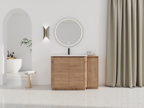 English Elm 48" Floating Bathroom Vanity Dual Ceramic Vessel Sinks Oak Finish Soft Close Doors W999S00512