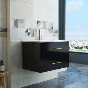 English Elm 30-Inch Sleek Black Gloss Wall-Mounted Bathroom Vanity With Integrated Sink & Easy Installation Options W3151S00054