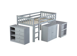 English Elm Twin Loft Bed Rubberwood Frame Pull Out Desk Storage Cabinet and Shelf Kids Room Grey W504S00287