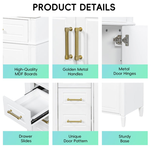 English Elm 36 Inch Freestanding Bathroom Vanity Sage Pine Cabinet Gold Hardware Ceramic Sink White N725P366466K