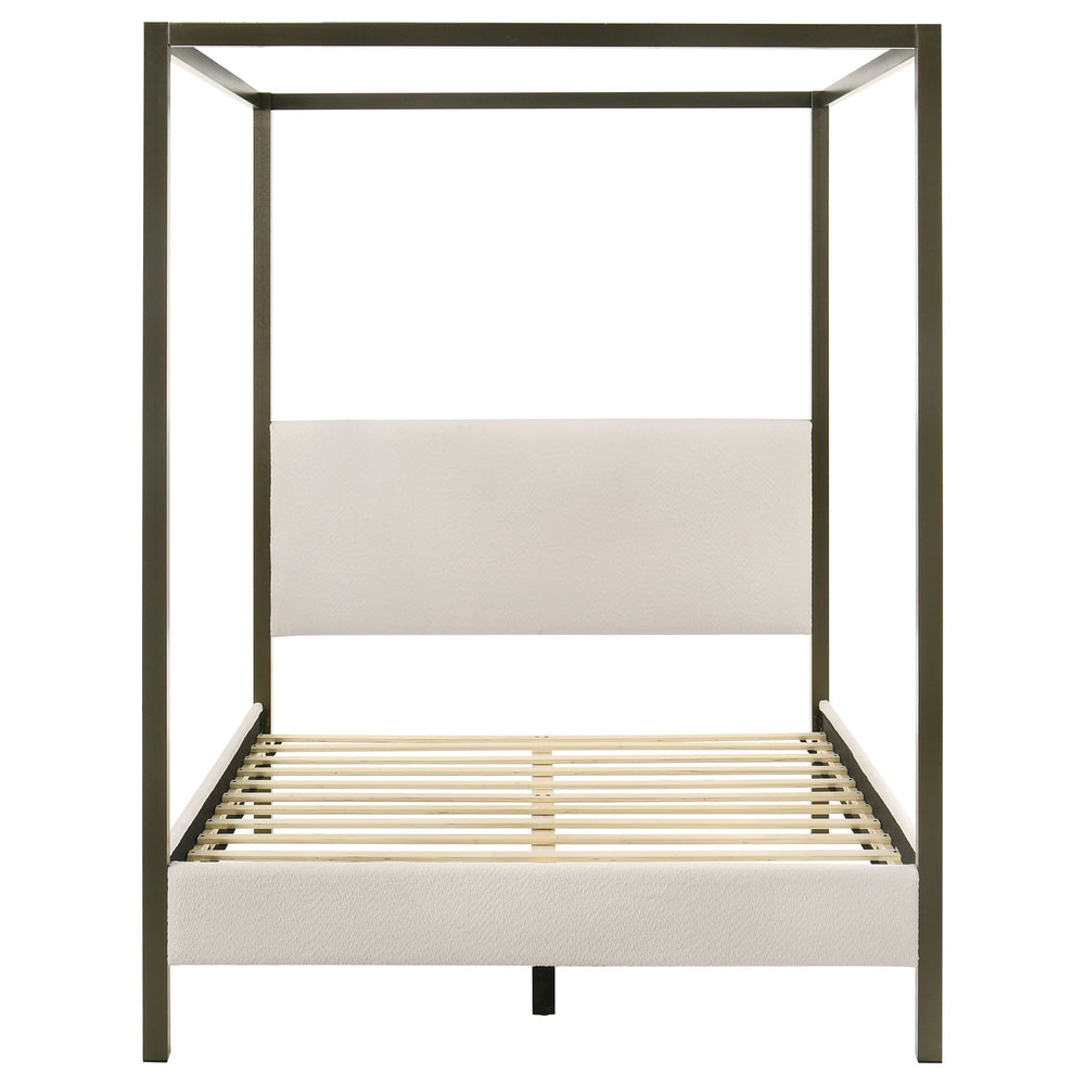 English Elm Mellie Queen Canopy Bed in Vanilla Upholstery with Bronze Four-Post Frame, Padded Headboard & Slats B062S00618