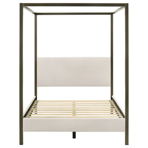 English Elm Mellie Queen Canopy Bed in Vanilla Upholstery with Bronze Four-Post Frame, Padded Headboard & Slats B062S00618