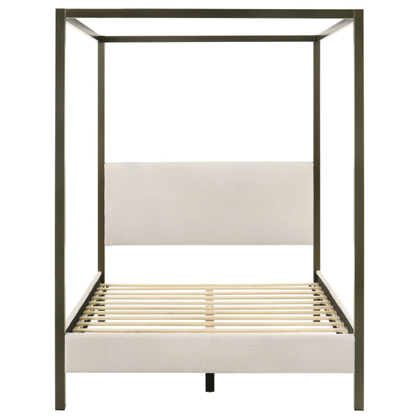 English Elm Mellie Queen Canopy Bed in Vanilla Upholstery with Bronze Four-Post Frame, Padded Headboard & Slats B062S00618