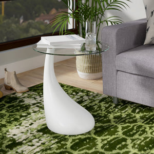 English Elm Lava Glass Top End Table with Curved Colorful ABS Base, Tempered Glass Accent for Living Room White B365S00142
