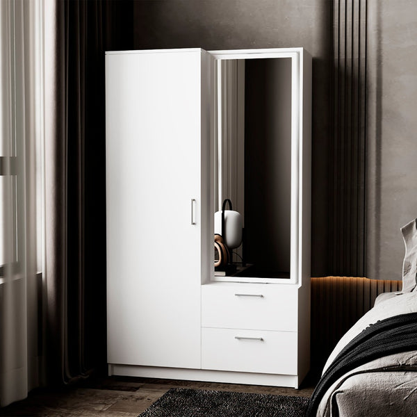 English Elm White Armoire Wardrobe: Stylish Open Storage, 2 Drawers & Built-In Mirror For Modern Bedrooms B062S01282-GIGA