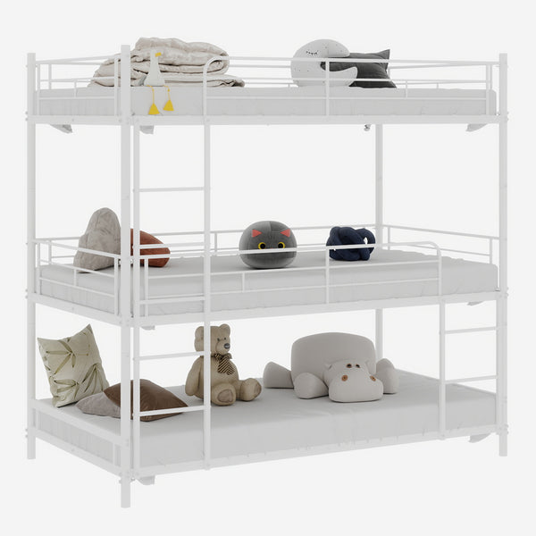 English Elm Heavy-duty triple bunk bed frame with built-in ladder, full guardrails, metal slats, space-saving design White W1935P330701