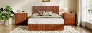English Elm Queen Bed Frame with Led Lighting Curved Groove Panels and Floating Base Modern Bedroom Walnut W1820S00049