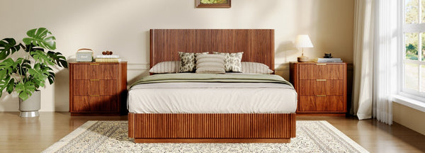 English Elm Queen Bed Frame with Led Lighting Curved Groove Panels and Floating Base Modern Bedroom Walnut W1820S00049