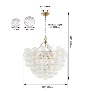 English Elm 23.6-Inch Gold Pendant Light Chandelier with 6 G9 Sockets, Threaded Clear Glass Globes, Adjustable Height W1340P251916