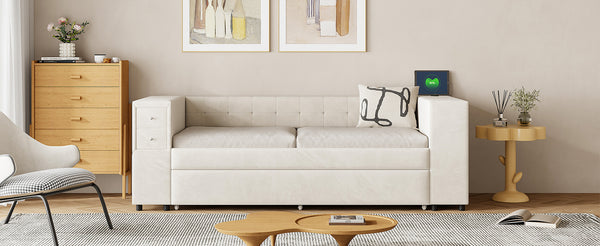 English Elm Twin Upholstered Bed with Trundle and Storage Drawers, USB Ports, French Velvet Luxurious Feel Beige SF000184AAA