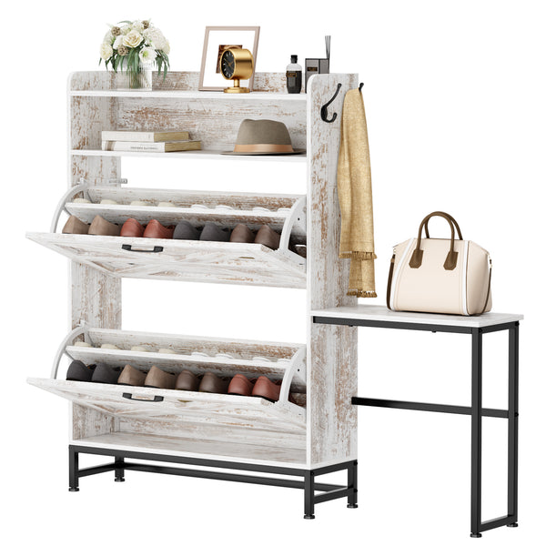 English Elm Shoe Organizer Cabinet with Anti-Tip Safety, Slim Entryway Storage Rack with Open Top Shelf for Keys and Decor White W2896P215176