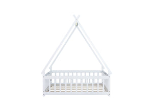 English Elm Full Size Tent-Shaped Floor Bed In White - Rubberwood Frame With Guardrails, Slats & Cozy Door W504P345787