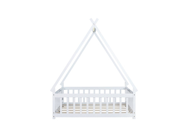 English Elm Full Size Tent-Shaped Floor Bed In White - Rubberwood Frame With Guardrails, Slats & Cozy Door W504P345787