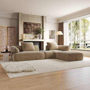 English Elm 122" L-shaped Sectional with Deep Chaise High Density Foam Low Profile Living Room Sofa Off-White+Natural N767P371309O