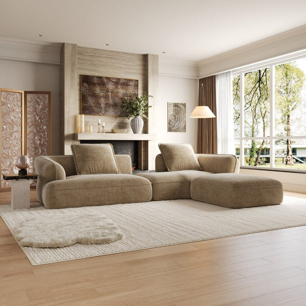 English Elm 122" L-shaped Sectional with Deep Chaise High Density Foam Low Profile Living Room Sofa Off-White+Natural N767P371309O