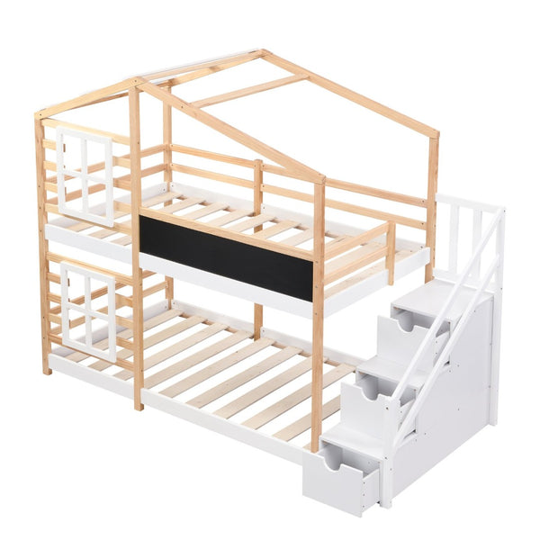 English Elm Twin Over Solid Pine House Bunk Bed with Blackboard Storage Staircase W495S00012