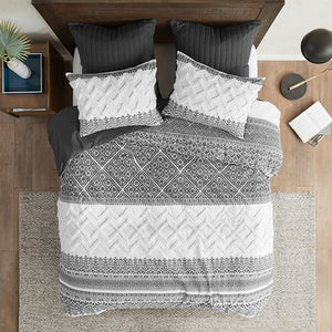 English Elm Full/Queen Mila 3-Piece Cotton Duvet Cover Set with Gray Botanical Print & Chevron Chenille Tufting, Reversible Comfortable Design B03596501