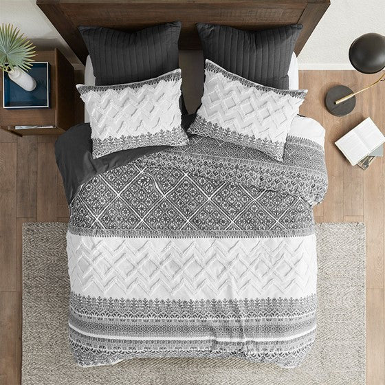 English Elm Full/Queen Mila 3-Piece Cotton Duvet Cover Set with Gray Botanical Print & Chevron Chenille Tufting, Reversible Comfortable Design B03596501