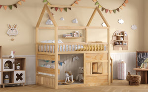 English Elm Full Size Solid Wood House Bed with Led Shelf Lighting for Kids Bedroom Natural N7500005026N