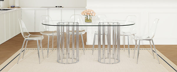 English Elm Table Oval Tempered Glass 7-piece Dining Set with Six Clear Chairs Silver Base W1151S04746