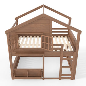 English Elm Full Bunk Bed with Trundle Bookshelf Storage Pine Frame Car Design for Kids Natural W1580S00522