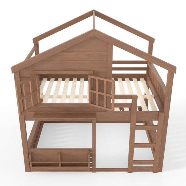 English Elm Full Bunk Bed with Trundle Bookshelf Storage Pine Frame Car Design for Kids Natural W1580S00522