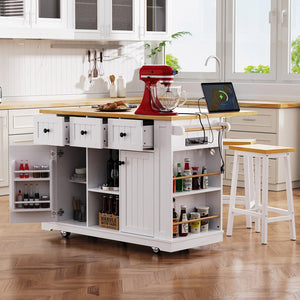 English Elm K&K 53" Large Kitchen Island with 2 Stools, Built-In Power Station, Wheels, Drop Leaf & Ample Storage White N707S000007W