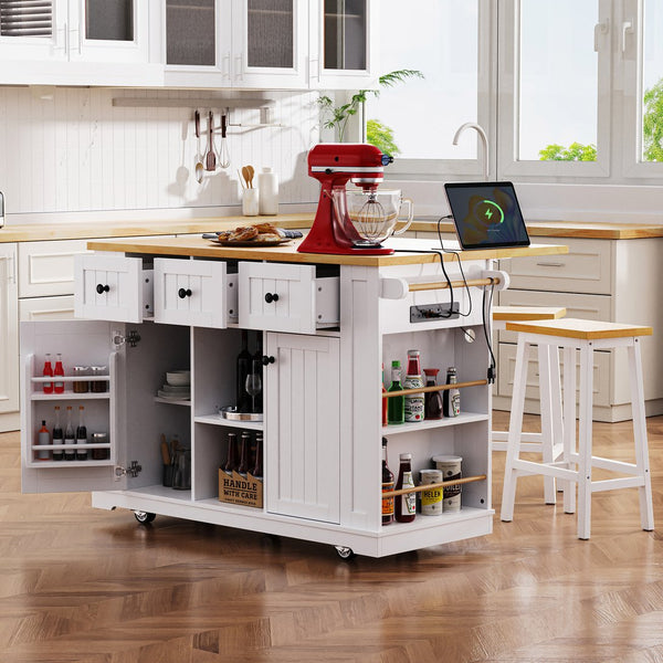 English Elm K&K 53" Large Kitchen Island with 2 Stools, Built-In Power Station, Wheels, Drop Leaf & Ample Storage White N707S000007W
