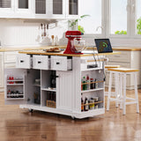 English Elm K&K 53Inch Large Kitchen Island With Drop Leaf, Power Outlet, Door Internal Storage Rack, Rolling Kitchen Cart On 5 Wheels With 5 Open Side Racks For Kitchen, Dining Room,White(Not Include Bar Stools)