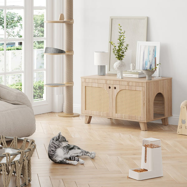 English Elm Flip Top Hidden Cat Litter Box Enclosure with Rattan Doors, Flip-Top Access, Odor Control, Stylish Table Ready Natural T3623P354971