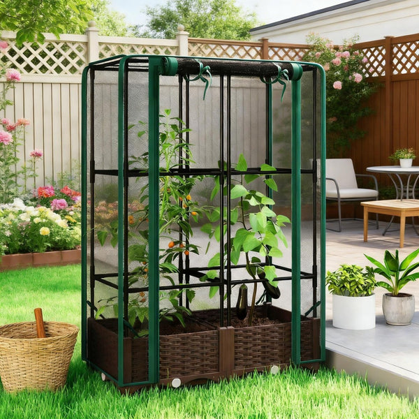 English Elm Crop Cage Raised Garden Bed with Trellis Mesh Enclosure and Built-in Water Reservoir T3971P454894
