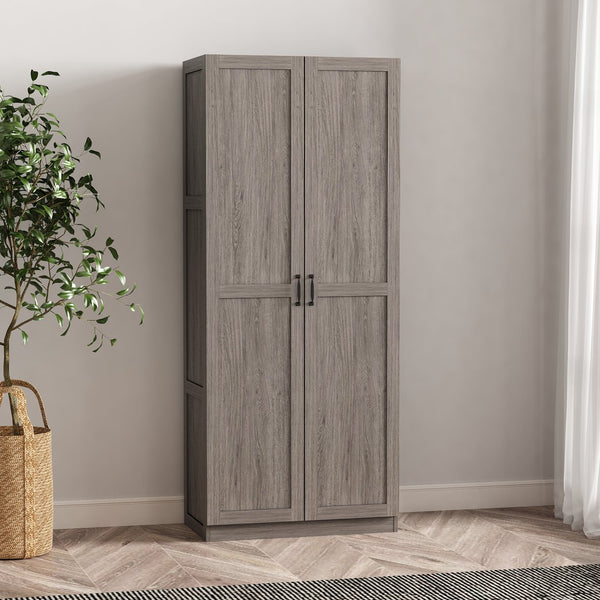 English Elm Cornelia Modern Storage Closet 2.0 Grey — Tall MDF Cabinet with 4 Adjustable Shelves, Soft-Close Hinges, Mop Base Protection B365P398547
