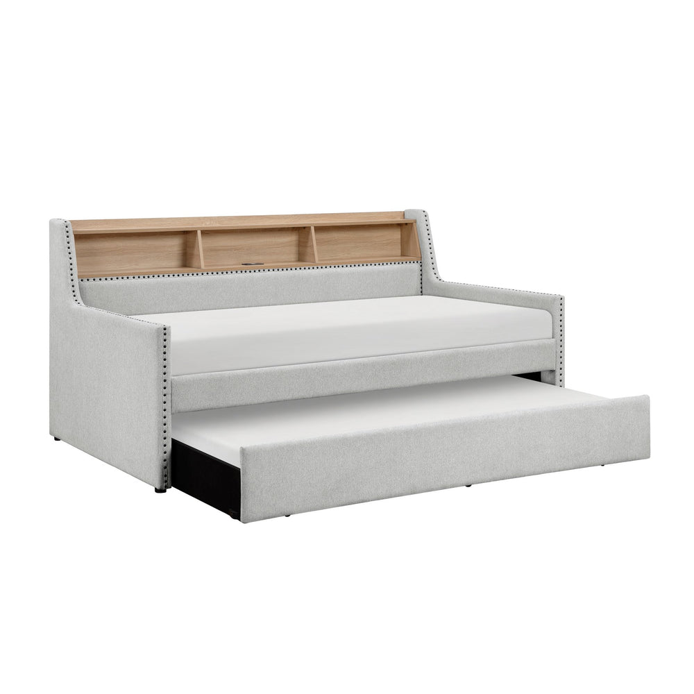 English Elm 1pc Light Gray Daybed with Pull-Out Trundle, Built-In Bookcase & Charging Ports, Nailhead Trim Modern Design B011S01718