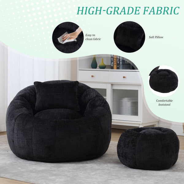 English Elm UNITED Cloud-Luxe Chenille Memory Foam Bean Bag Chair with Ottoman and Pillow for Ultimate Comfort Black W1568P361690