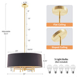 Hampton Hill Presidio Transitional 5-Light Dimmable Chandelier with Drum-shaped Fabric Shade & Adjustable Height MPS150-0067 Gold/White