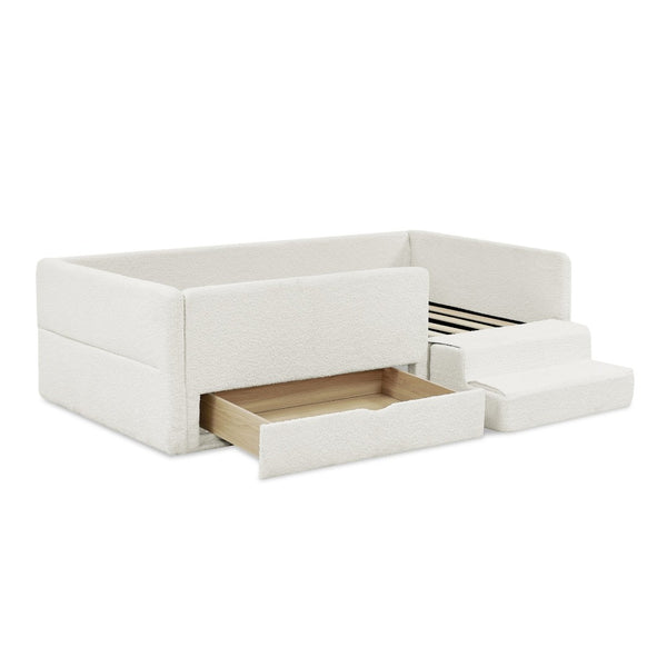 English Elm Twin Boucle Upholstered Kids Bed with Guardrails Built in Storage and Cushioned Step Stool Beige W1413P433364