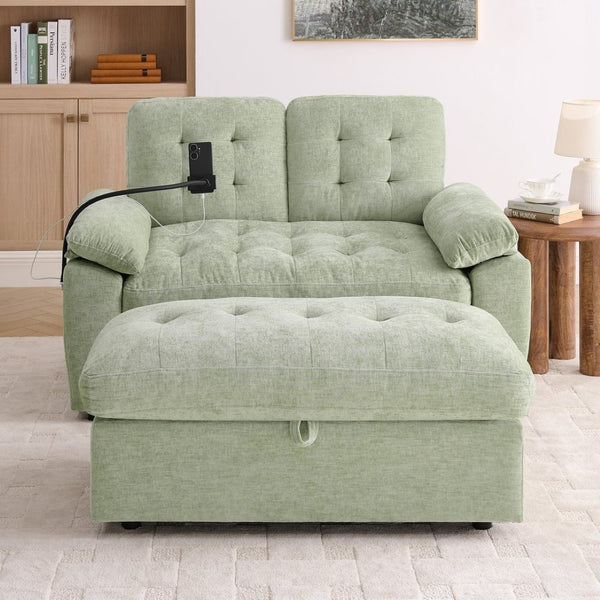English Elm Leisure Chenille Two Seat Reclining Sofa with Usb Port Storage Ottoman Padded Armrests Cyan W487S00517