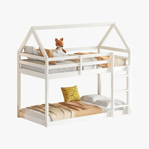 English Elm Twin Rubber Wood Floor Bunk Bed House-Shaped Design with Ladder Guardrails Sturdy Low-Profile Retreat White W504P206864